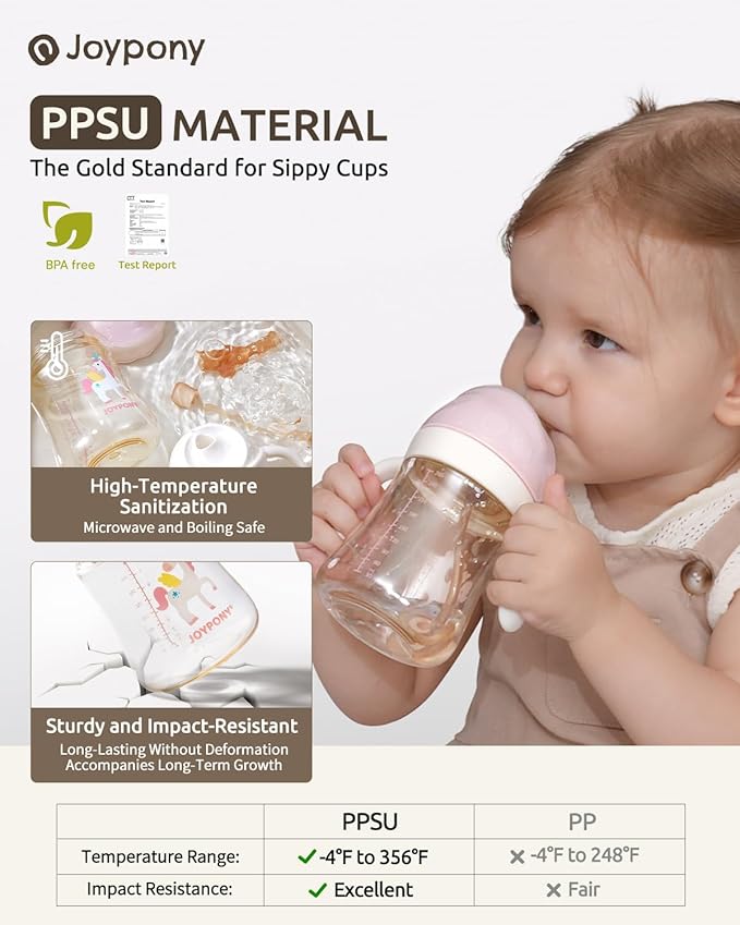 Joypony Sippy Cups for Toddlers 1-3, Spill Proof Weighted Straw Cup with Handle for Baby 6 Months + old, 2 Silicone Straws, PPSU, BPA Free, 9 oz (Pink)