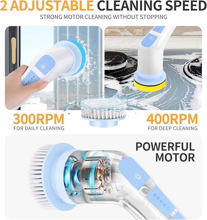 Electric Spin Scrubber Cordless Shower Scrubber with Long Handle, Cleaning Brush with 8 Replaceable Brush Heads, Electric Scrubber for Cleaning Bathroom Shower Floors Tub Tile