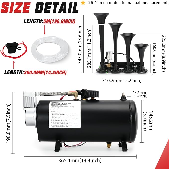 PTNHZ 150DB Train Horns Kit 12V 150PSI Air Compressor Tank Pump w/3 Liter 0.8 Gallon Tank + Super Loud Black 4 Single Row Trumpet For Train Truck Boat Pickup Motorhome