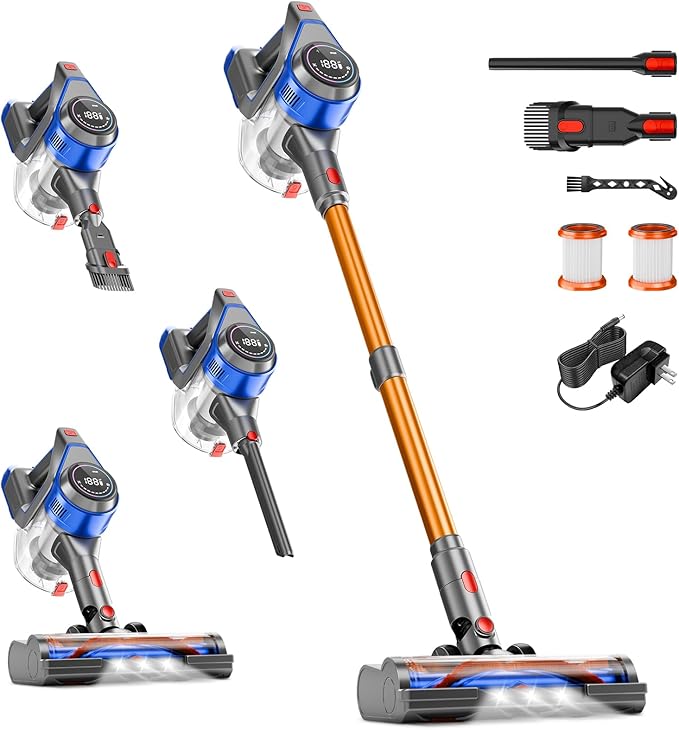 BSNAW Cordless Stick Vacuum Cleaner - Rechargeable, 35Kpa Powerful Vacuums with Detachable Battery, LED Display, 45Mins Runtime, 8 in 1 Handheld Vacuum for Hardfloor & Carpets Pet Hair, Blue-Y