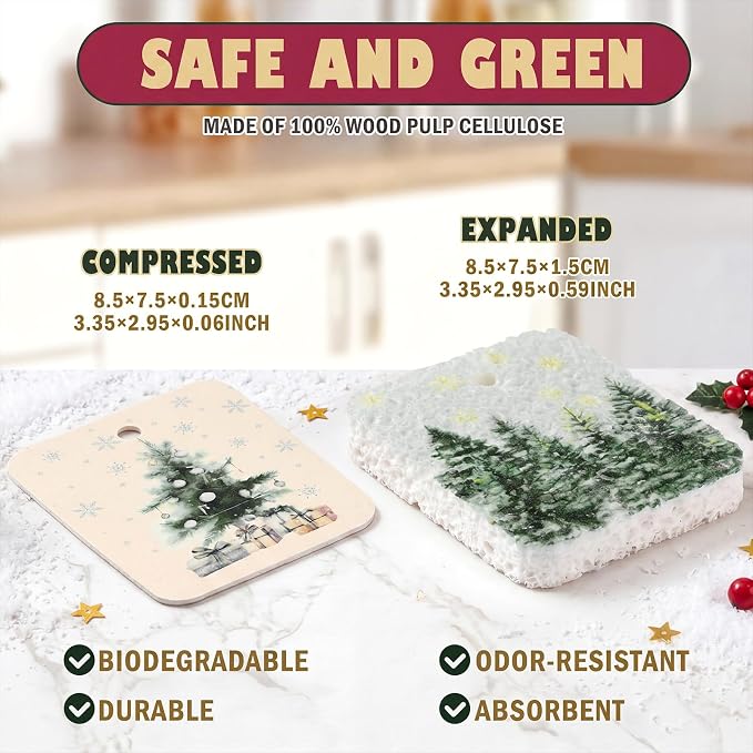 Hahafelt 36 Counts Compressed Cellulose Sponges Bulk Pop up Farmhouse Christmas Pattern Natural Kitchen Compostable Non Scratch Dish Sponges for Washing Dishes, Cleaning Countertop Sink
