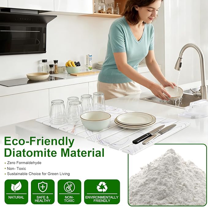 Large Stone Drying Mat for Kitchen Counter, Collapsible Stone Dish Drying Mats, Water Absorbing Diatomaceous Earth Drying Stone for Kitchen Counter, Kitchen Dish Drying Stone Mat, 24"×16" (White)