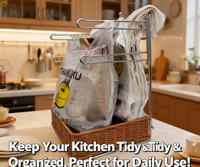 T-shirt shopping bag rack and dispenser, grocery store counter plastic bag rack with a nice wicker basket base, transforms cluttered shopping bags into a neat and easy-to-use storage solution