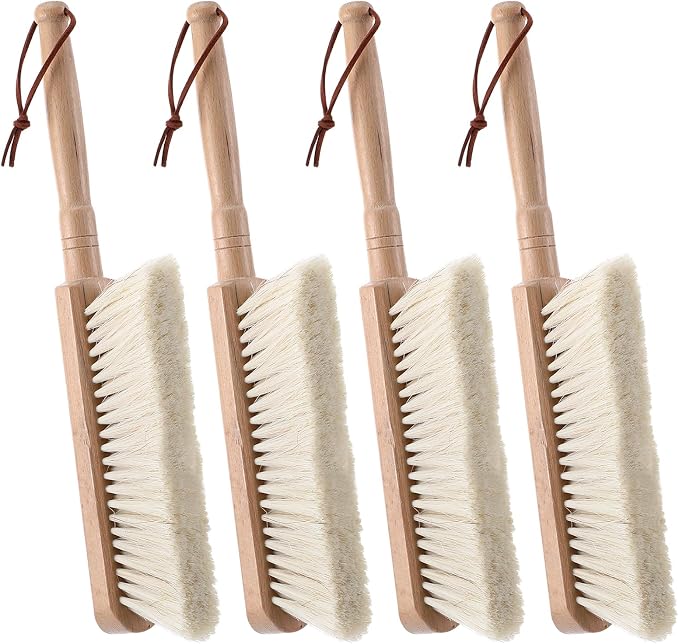 4 Pcs 11.8 Inch Long Horsehair Brush Hand Broom for Bedroom Cleaning Natural Wood Handle Soft Bristle Duster for Furniture Counter Couch Car