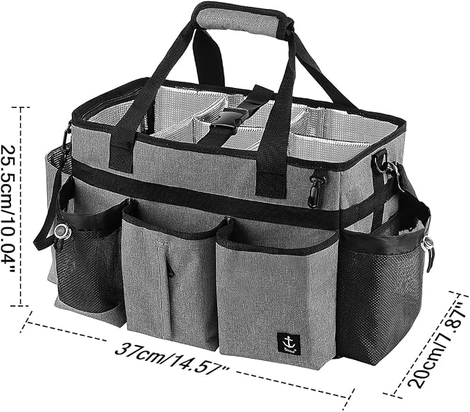 Large Cleaning Caddy Bag Built-in Sturdy Support Board, Cleaning Organizer with Detachable Divider, Cleaning Supply Tote with Adjustable Shoulder Strap&Waist Belt for Cleaners & Housekeeper