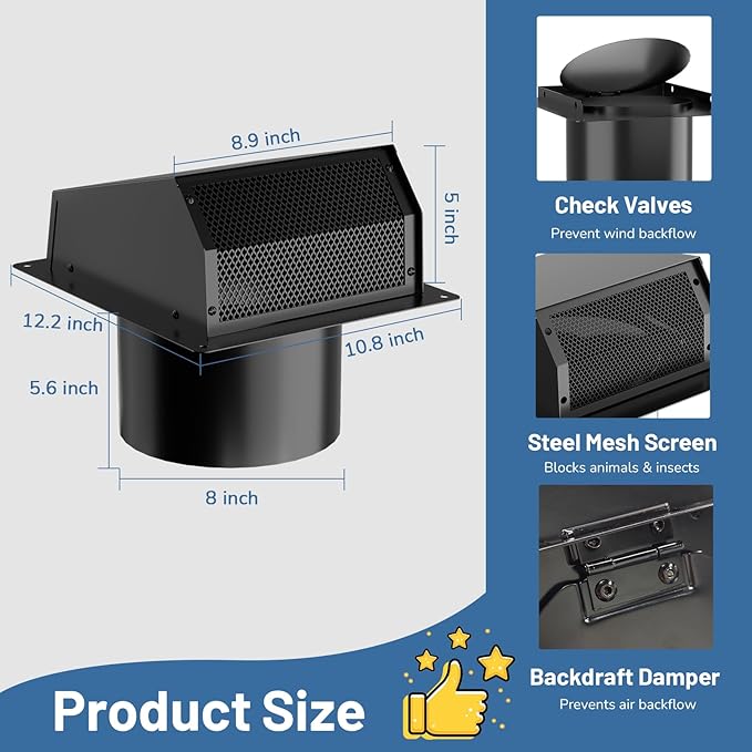 8 Inch Dryer Vent Cover Outside, Galvanized Steel Exterior Hooded Wall Vent Cover with Removable Screen & Cushioned Backdraft Flap, Exhaust Vent for House Through-Wall Dryer Vent Kit (Black - 8 Inch)