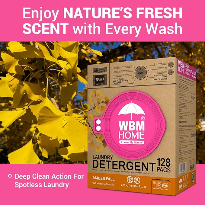 WBM Home Laundry Detergent Pods, Total 128 Count | Amber Fall Fragrance | 10 in 1 Laundry pods Detergent Ultra Power Cleaning with Plant-Based Scent, Extra Protection With 4D Stain Remover