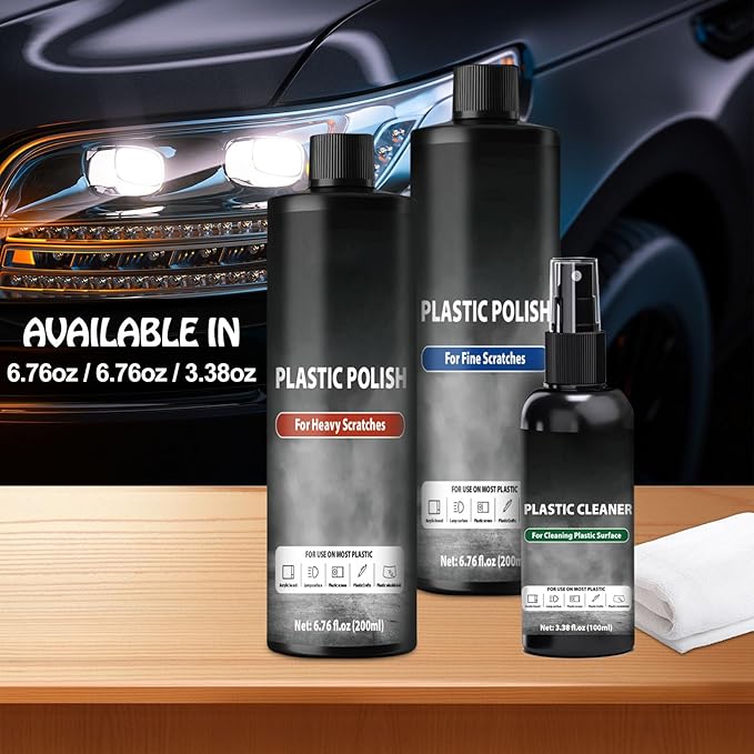 Plastic Cleaner and Polish, 3 Step Scratch Removal System for Clear Plastic and Acrylic Surfaces, Suitable for Light and Heavy Scratches or Blurry Surfaces