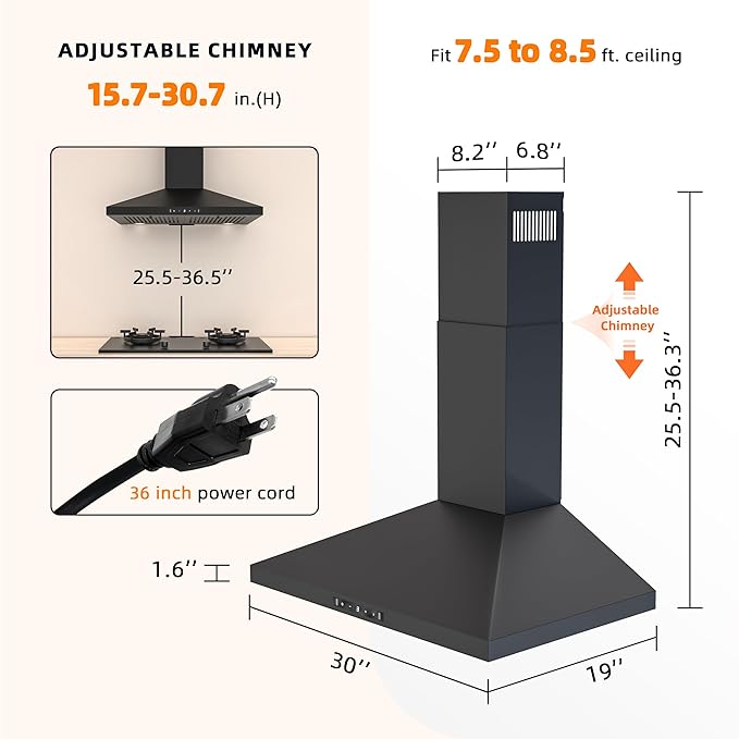 FIREGAS Black Range Hood 30 inch, 450 CFM Wall Mount Range Hood with Ducted/Ductless Convertible, Gesture Sensing Control & Touch Control Kitchen Hood Vent, Baffle Filters, Charcoal Filters