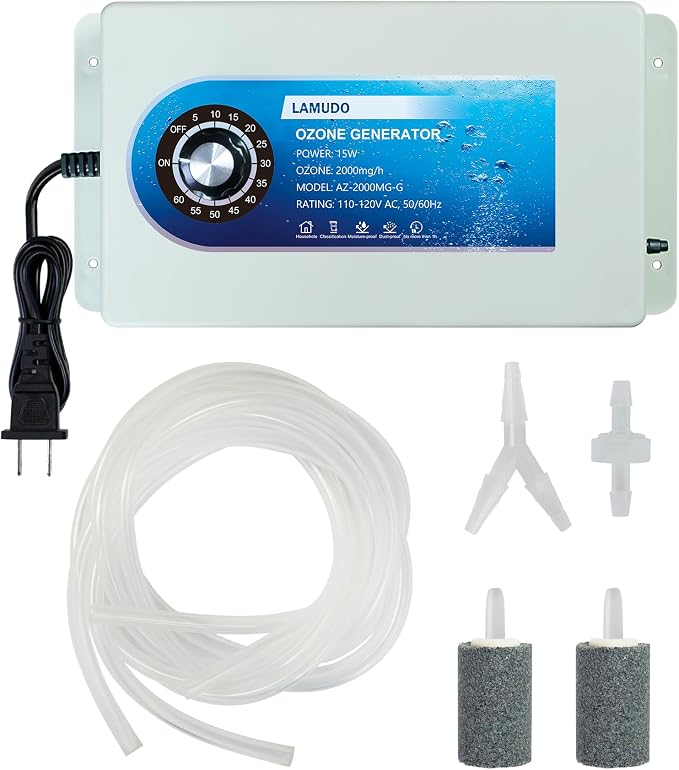 Ozone Generator with Timer for Cold Plunge and Hot Tubs, Portable SPA Ozonator with Air Stones, 2000MG/H High Output Multipurpose Ozone Machine(Include Check Valve and Y-Tee)