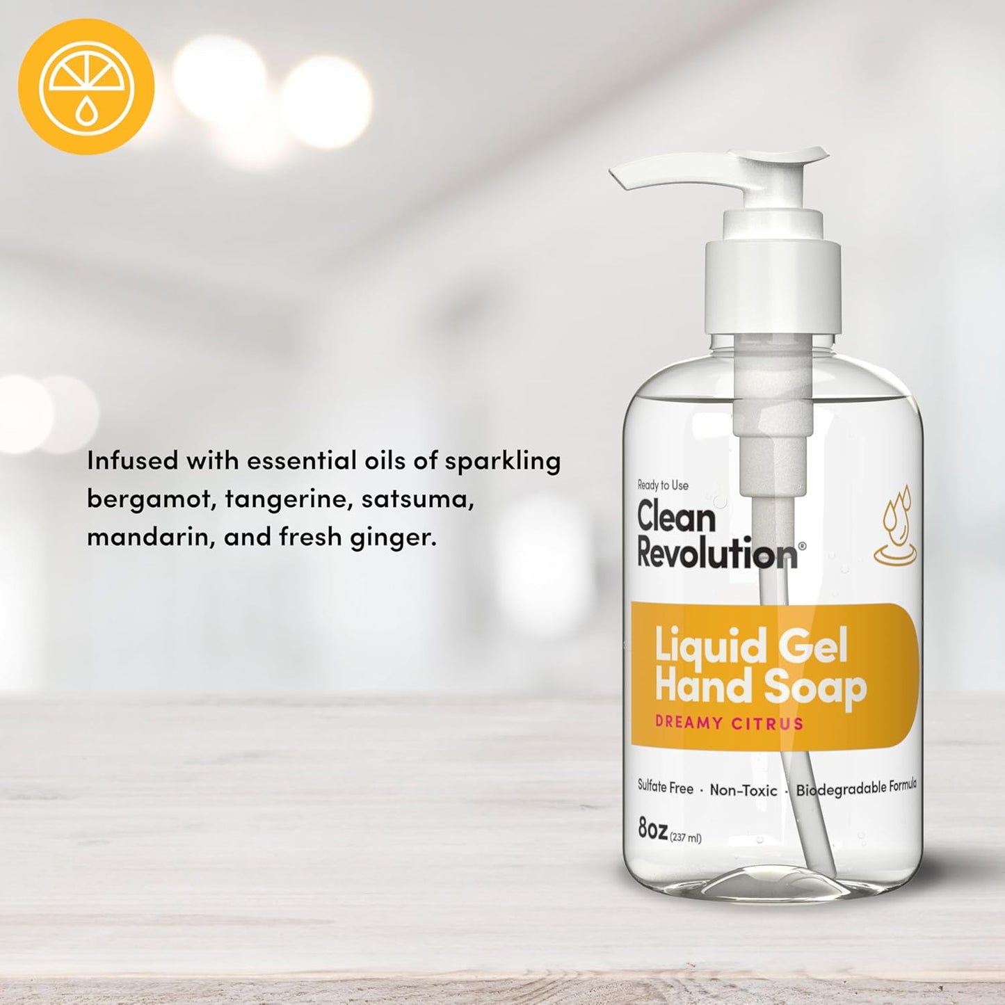 Clean Revolution Liquid Gel Hand Soap, Silky Rich Liquid, Quick Lather, Fast Rinsing, Contains Real Essential Oils (Dreamy Citrus) 8 Fl Oz