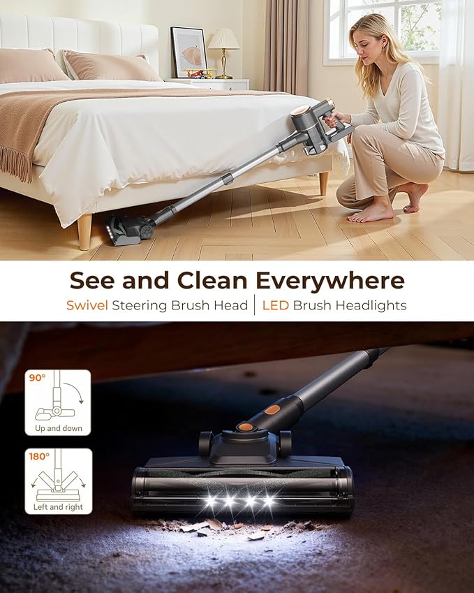 UML0 N8 Cordless Stick Vacuum Cleaner,Lightweight Vacuum Cleaner with Powerful Suction,Self-Standing,Rechargeable Vacuum Cleaners for Home Hardwood Floor Carpet Pet Hair (Gold)
