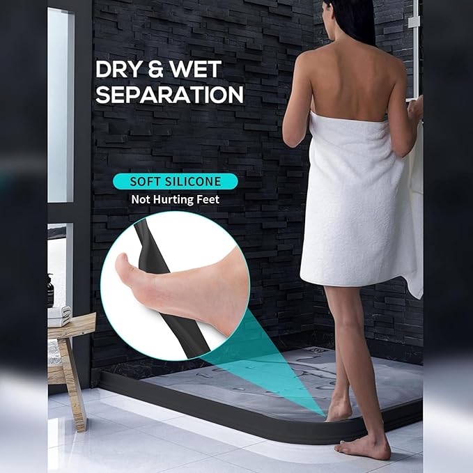 Hi-Na 3ft/5ft/6ft/8ft10ft Collapsible Shower Threshold Water Dam Water Barrier for Shower and Water Stopper Keeps Water Inside Water Threshold for Wet and Dry Separation (8ft, Black)