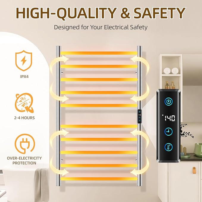Towel Warmers for Bathroom, Heated Towel Rack Large, Smart Timing & Temperature Control, 10 Bar Racks, Stainless Steel, Plug-in, Fast Heating, Brushed Nickel