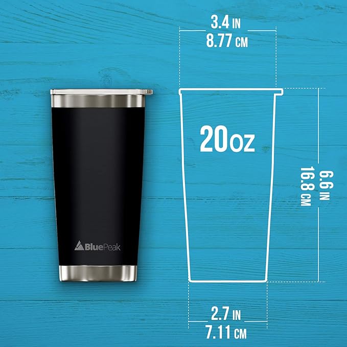 BluePeak Double Wall Vacuum Stainless Steel Insulated Tumblers Set, 2-Pack - Includes 2 Sipping Lids, 2 Spill-Proof Sliding Lids, 2 Straws, 1 Cleaning Brush & Gift Box (20 oz, Black)