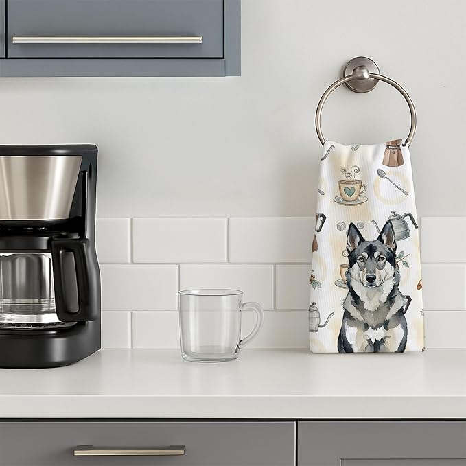 Caroline's Treasures Norwegian Elkhound Coffee Bar Kitchen Towel Velour Plush Front and Cotton Loop Back Machine Washable