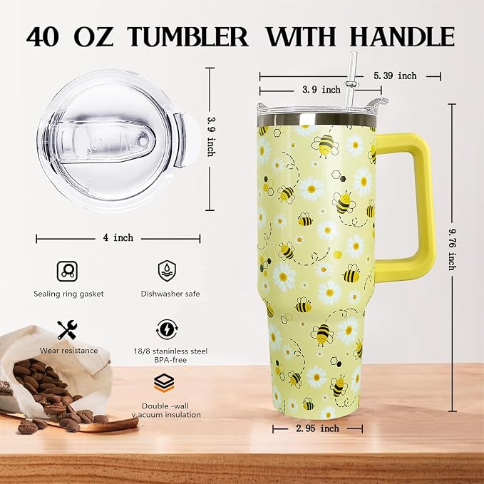 Ceovfoi 40oz Bee tumbler With Handle Lid and Straw,Coffee Mug Cup Skinny Tumbler Water Bottles,Honey themed Gifts for Women Daisy Flowers,Bee Decor