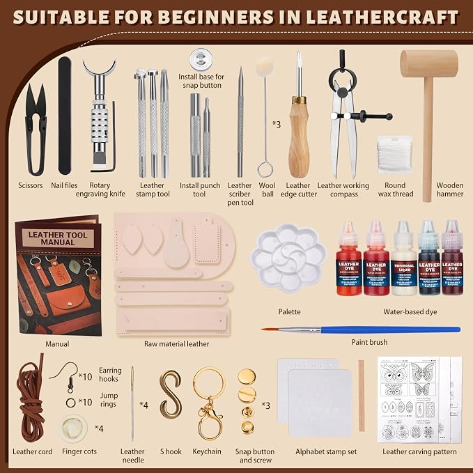 Leather Crafting Kit: Leather Working Tools and Supplies for DIY Craft Beginners Stamping Dyeing Carving Sewing Edge Sealing with Video Tutorials for Earrings Wallet Keychain Wristband Bookmark
