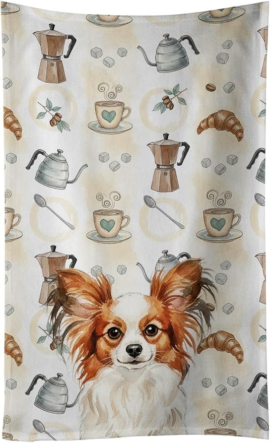 Caroline's Treasures White with Red Papillon Coffee Bar Kitchen Towel Velour Plush Front and Cotton Loop Back Machine Washable