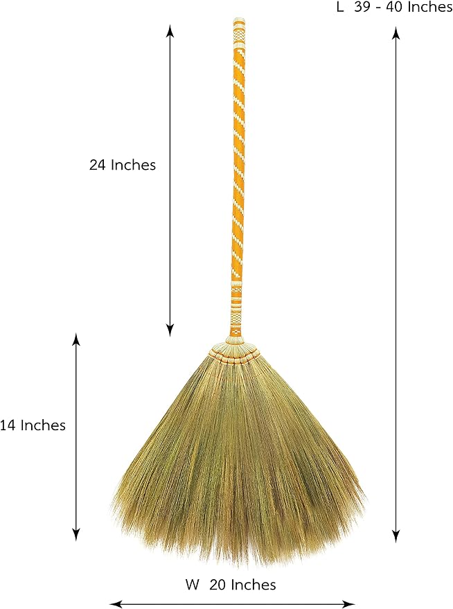 Asian Straw Broom Thai for Cleaning Floor,Housewarming Gift,Thai Vintage Retro Grass Broom Stick, Hardwood Sweeper with Brush Power and Circle Cleaning (Length 40 inch)