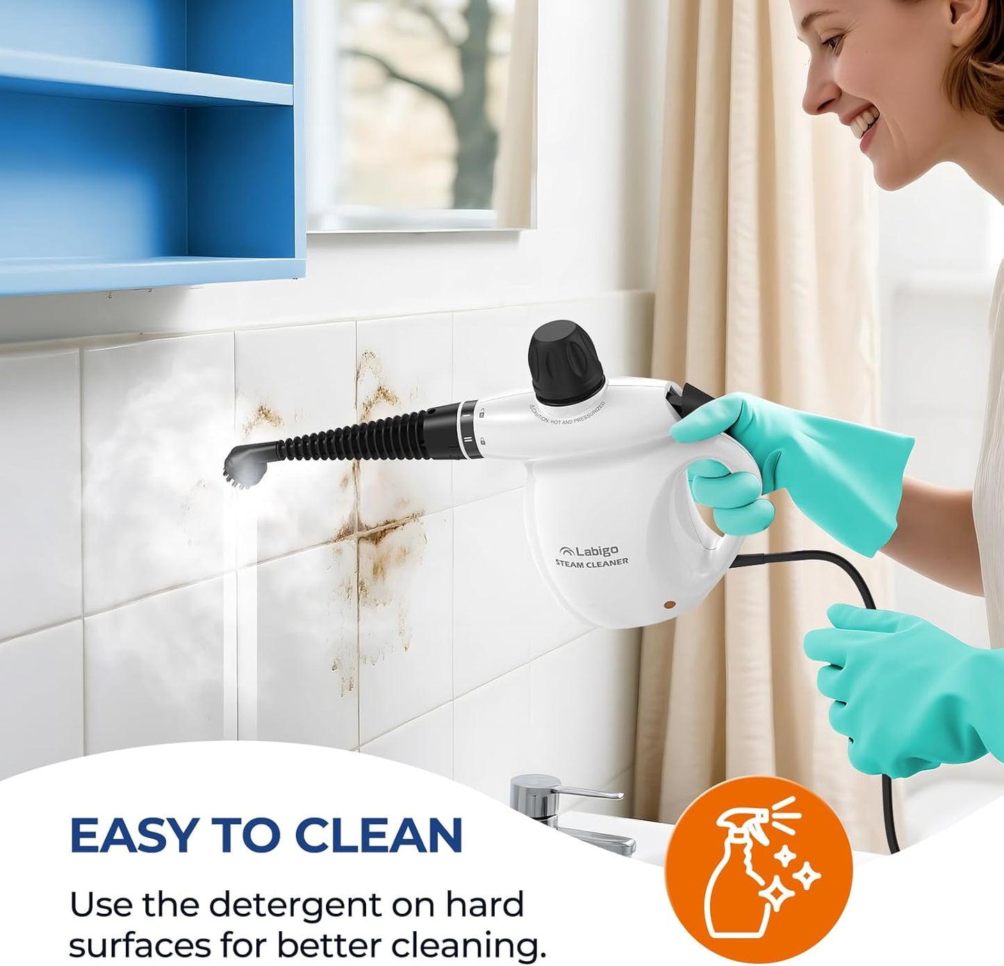 LABIGO Steam Cleaner, Pressurized Handheld 13pcs Multi-Purpose Natural Deep Cleaning Steamer, Portable Steamer for Cleaning Home, Grout, Kitchen, Car, Window, Upholstery, Bathroom and Clothes, White