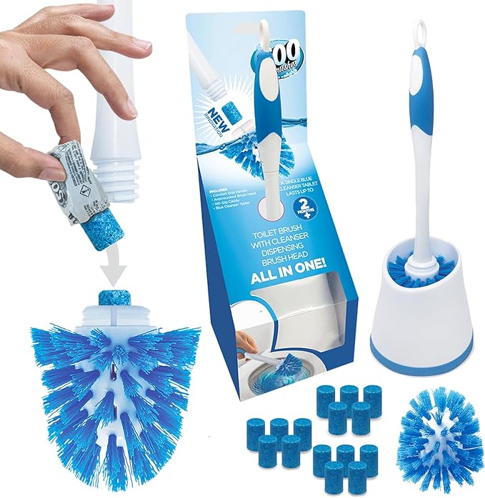 LOLA Self Dispensing Toilet Brush System, Nylon Bristle Cleaning Wand w/ 15 Long-Lasting Concentrated Cleaner Tablets, 2 Refillable Heads, Caddy, No Liquid Cleaner Needed Reusable & Refillable Design