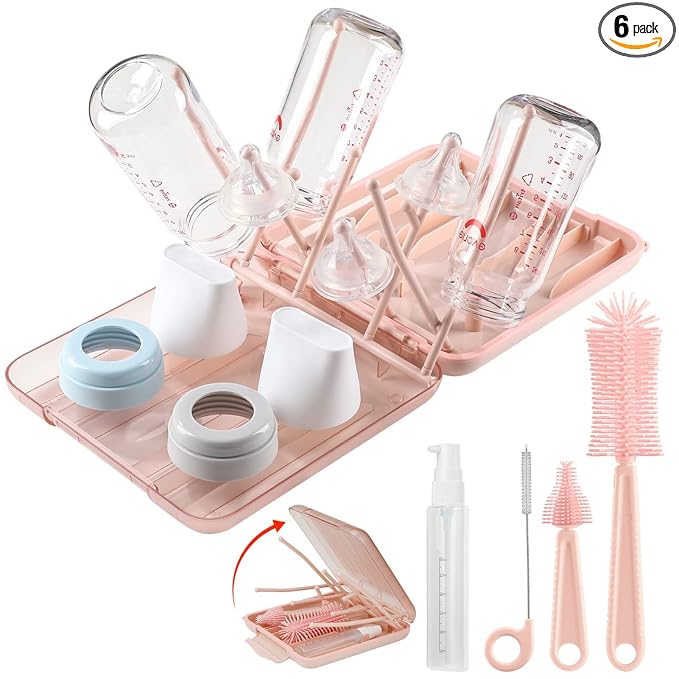 6 in 1 Baby Bottle Cleaner Set with Drying Rack,Silicone Baby Bottle Brush,Straw Brush,Nipple Brush,Soap Dispenser and Storage Box, Portable Baby Essentials for Home&Travel(Pink)