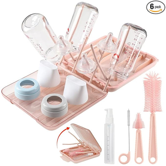 6 in 1 Baby Bottle Cleaner Set with Drying Rack,Silicone Baby Bottle Brush,Straw Brush,Nipple Brush,Soap Dispenser and Storage Box, Portable Baby Essentials for Home&Travel(Pink)
