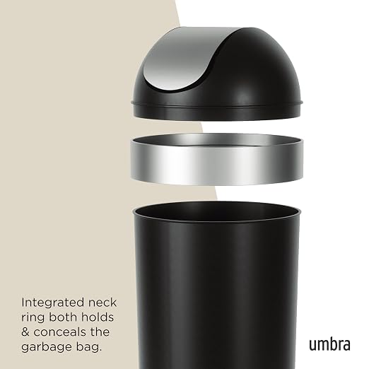 Umbra Venti Kitchen Trash Can with Swing Top Lid, Large 16-Gallon (62 L) Capacity, Black/Nickel