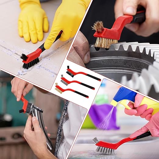 Reallnaive 50 Pcs Wire Brushes for Cleaning Rust 7 Inch Brass/Stainless Steel/Nylon Wire Brushes with Curved Handle Grip for Deep Cleaning Small Parts Rust Dirt Paint Scrubbing