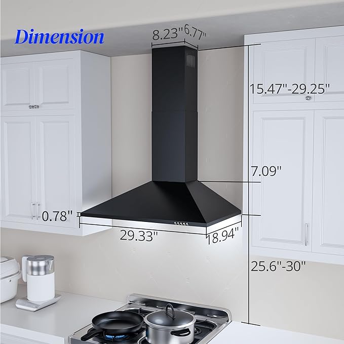 FIREGAS Black Range Hood 30 inch, Wall Mount Range Hood with LED Lights, 3-Speed Exhaust Fan, Ducted/Ductless Convertible, Aluminum Mesh Filters, Button Control, Black Kitchen Hood