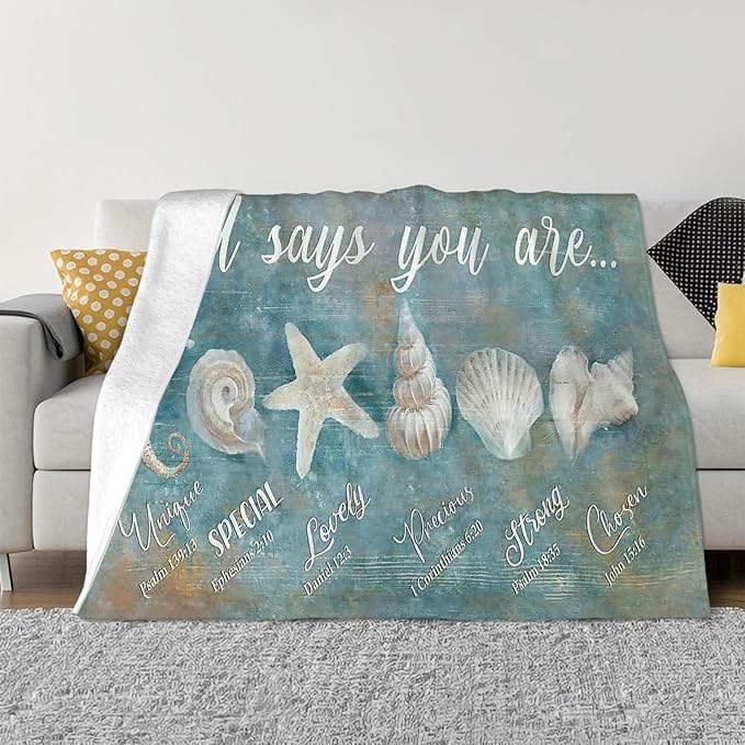 Tijuboni Ocean Seashells Throw Blanket - God Says You are - Beach Nautical Gifts for Women Men Girls Boys Kids Adults Soft Flannel Fleece Blanket for Couch Sofa Bed Home Decor 50"x60"