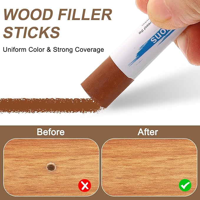 uxcell 20Pcs Wood Filler Sticks, Furniture Scratch Repair Wax Crayons Furniture Touch Up Markers Wood Repair Wax Kit with Spatula for Furniture, 20 Colors Natural & Maple Series