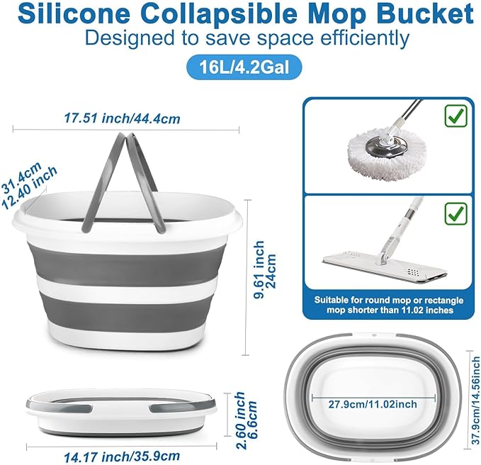 Collapsible Mop Bucket with Handle for Cleaning, 16L(4.2 Gallon) Silicone Square Mopping Bucket for Windows Cleaning, Car Wash Bucket with Drain Valve, 5 Gallon Collapsible Bucket for Cleaning