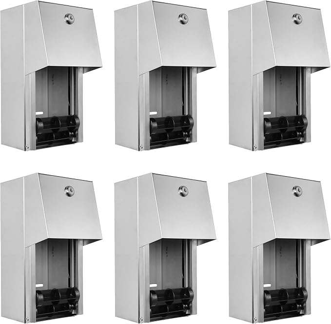 Pack of 6 - Dual Rolls Commercial Toilet Paper Dispenser - Lockable Design Heavy Duty Commercial Wall Mounted Dispenser, Commercial Grade 304 Grade Stainless Steel - 6-3/4" D x 6" W x 12" H