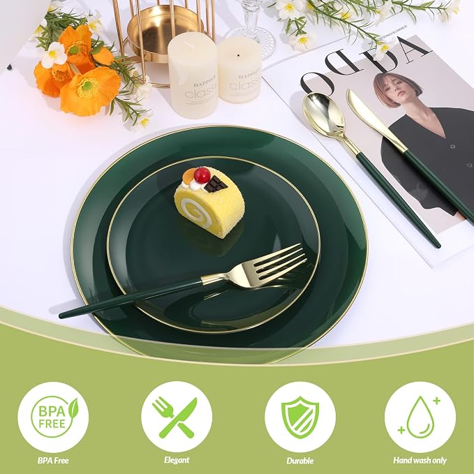 Goodluck 150 PCS Green Gold Plastic Silverware Set for 50 Guests,50 Knives, 50 Forks and 50 Spoons, Food-grade material free of BPA, Gold Plastic Cutlery Ideal for Weddings, Birthdays, Graduation