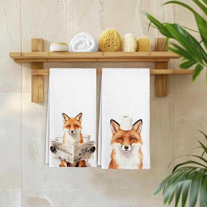 Funny Fox Hand Towels for Bathroom Washroom, Fox Lovers Gifts Themed Decorative Hand Towels Set of 2, Rustic Wild Animals Foxes Dish Tea Towels for Kitchen Farmhouse Decor, 16x24