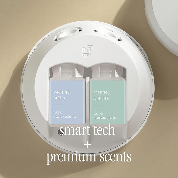 Pura Home Fragrance Device Starter Set - Pura 4 - Scent Diffuser for Home - Includes Fragrance Aroma Diffuser - Square Box, Pacific Aqua and Linens & Surf Scent Refills