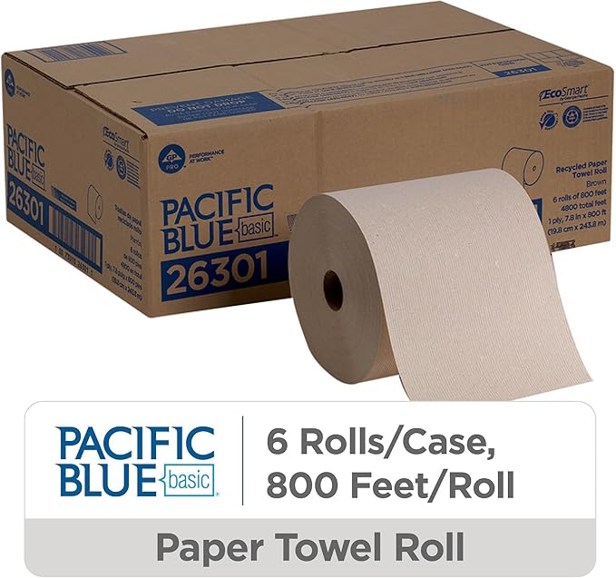 Georgia-Pacific Pacific Blue Basic Recycled Hardwound Paper Towel Rolls by GP PRO (Georgia-Pacific); Brown; 26301; 800 Feet Per Roll; 6 Rolls Per Case