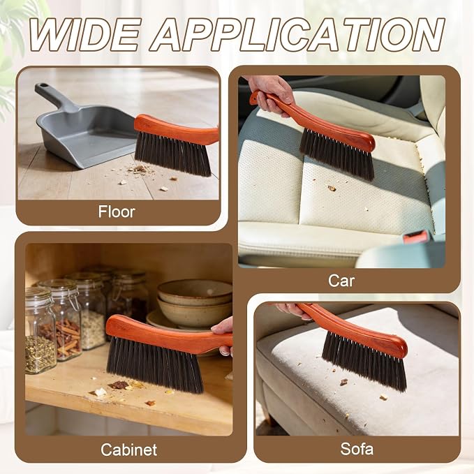 HARFINGTON 2 PCS Hand Broom Brush 11" Soft Bristles Dusting Brush Cleaning Duster with Curved Handle and Three Rows of Bristles for Car Bed Counter Sofa Furniture Clothes, Brown