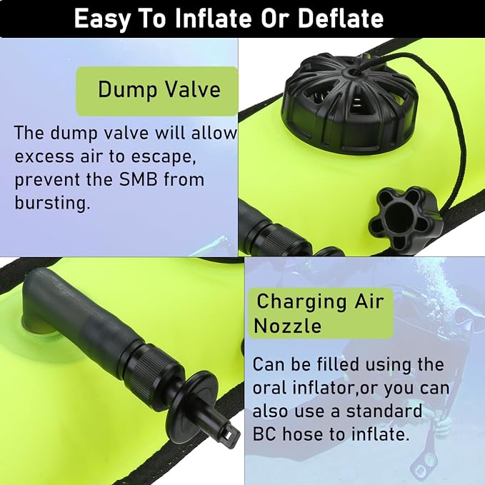 4ft Surface Marker Buoy, Hi-Vi Inflatable Scuba Signal Tube with Reflective Strip, Scuba Diving Open Bottom Float (SMB) for Underwater Diving Snorkeling