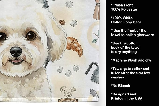 Caroline's Treasures White and Cream Bichon Frise Coffee Bar Kitchen Towel Velour Plush Front and Cotton Loop Back Machine Washable