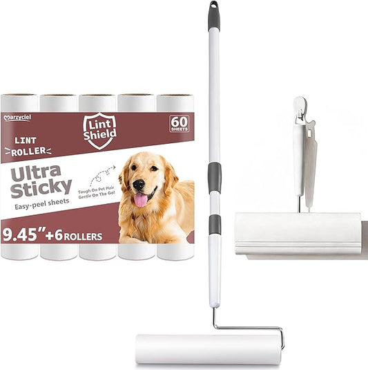 Large Lint Rollers for Pet Hair Extra Sticky, 9.45'' Long Handled Giant Lint Roller,6 Replaceable Rolls for Cleaning Carpets, Clothing, Couch, Furniture Wall Cleaner Mop Dust Remover