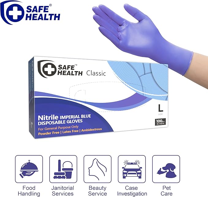 Safe Health Nitrile Disposable Gloves, 3.5 Mil, Imperial Blue, Powder Free, Latex Free, Tattoo, Beauty, Salon, Car