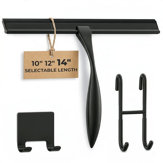 Shower Door Squeegee with Hook - 14" Silicone Blade, Stainless Steel Black Squeegee for Shower Glass with Adhesive Mount - All-Purpose Bathroom Tile, Mirror, & Window Wiper for Streak-Free Cleaning