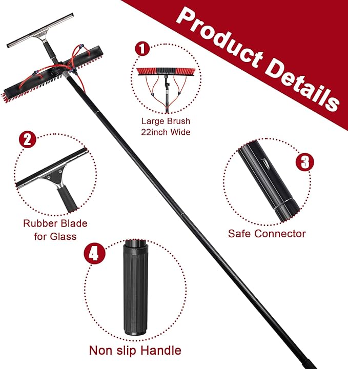 26ft Long Reach Solar Panel Cleaning Kit - Aluminum Extendable Water Fed Pole, 22in Wide Brush & Squeegee, Bendable Dusting Brush - Outdoor Window Washing Equipment Tool