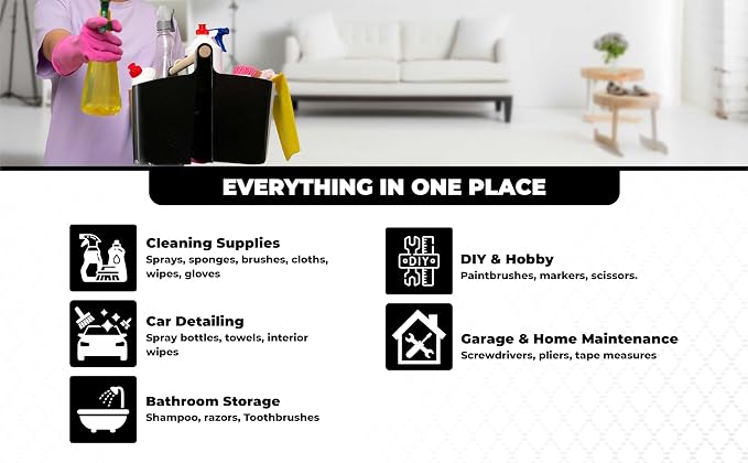 Cleaning Caddy Organizer With Handle – Wearable Bag For Supplies, Multiple Compartments For Storage – Portable Shower & Bathroom Caddy, Ideal For Dorms, College Life, Housekeepers & More - Black Color