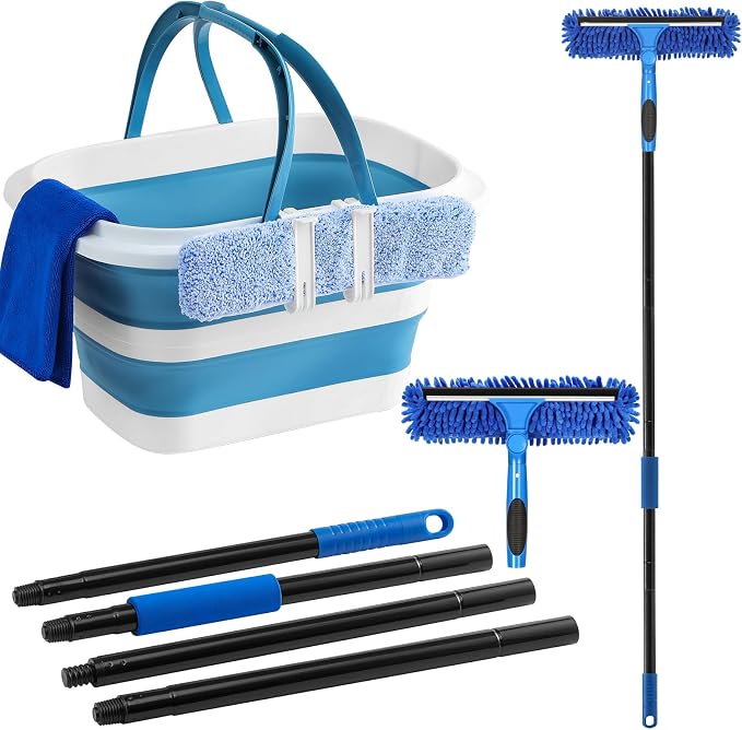 Window Cleaning Kit with Collapsible Bucket 4.2 Gallon, Professional 69" Window Squeegee Cleaner Tool with Extension Pole, Window Washing Equipment Cleaner Tool for Home Outdoor Commercial Use