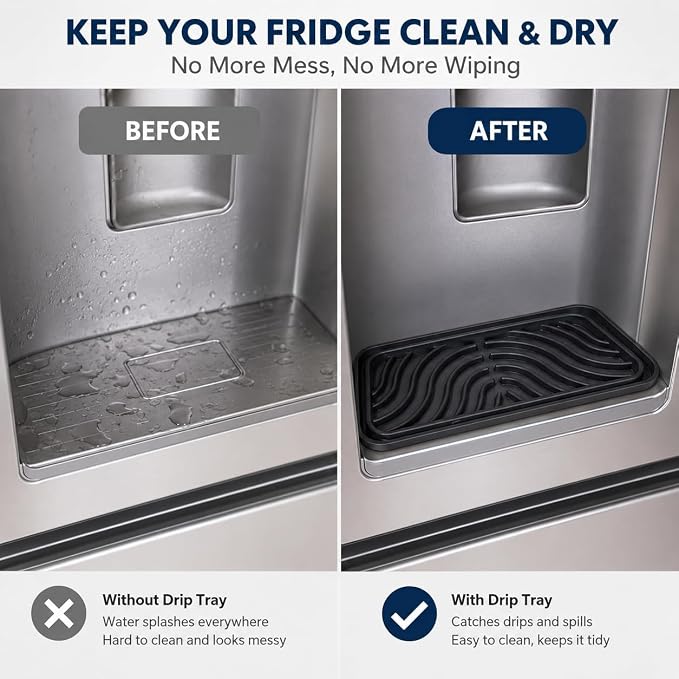 Refrigerator Leak Protection Set, 1 Under Fridge Mat (37.5" x 8.5") + 2 Silicone Refrigerator Drip Trays, Black Non-Slip Textured Floor Protector &Water Dispenser Tray