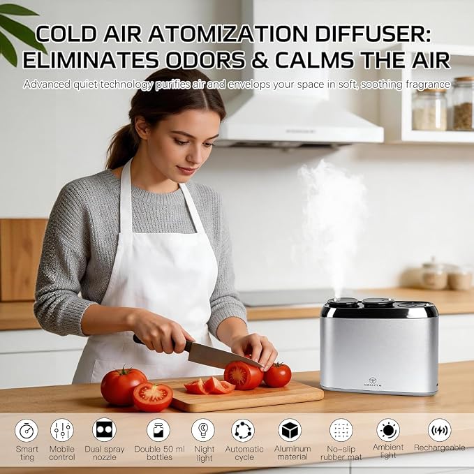 2026 Dual Nozzle Waterless Diffuser with APP & Button Control | Cordless Portable Aroma Diffuser with APP & Button Control, LED Ambient Light for Home Bedroom Office Travel Camping
